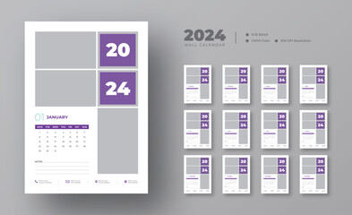 Fototapeta na wymiar Wall calendar design template 2024, Set of Monthly pages Calendar, Monthly planner design in corporate and business style, Simple calendar with the week starting Monday