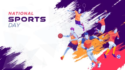 Fotobehang sport background, national sports day celebration concept, with abstract geometric ornament and illustration of sports athlete football player, badminton, basketball, baseball, tennis, volleyball  © DaksaDesain