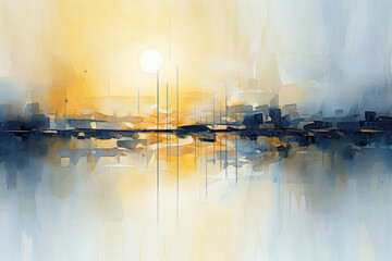 Modern dawn brilliant city light abstract oil painting with bold strokes in blue and orange color for Living room bedroom aisle fashion decor, Generative AI