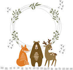 Fototapeta premium Baby shower card. Vector woodland frame with animals.
