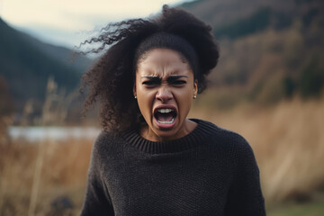Anger African Woman In Black Sweater On Nature Landscape Background - obrazy, fototapety, plakaty