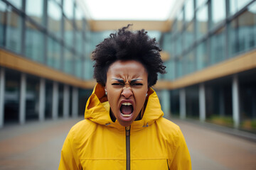 Anger African Woman In Yellow Jacket On City Background - obrazy, fototapety, plakaty