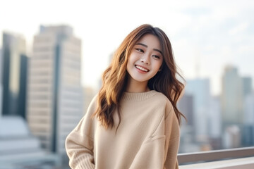 Fototapeta premium Happiness Asian Woman In Beige Sweater On City Background