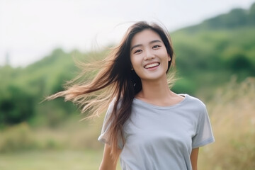 Happiness Asian Woman In Gray Polo Shirt On Nature Landscape Background