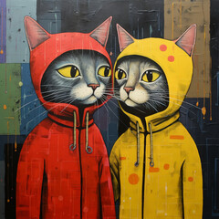 Two cats wearing raincoats in the rain - one red, one yellow, graffiti background