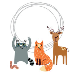 Baby shower card. Vector woodland frame with animals.