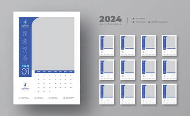 2024 wall calendar template, week starts Monday, set of 12 months, 12 pages