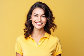 Fototapeta premium Happiness European Woman In Yellow Polo Shirt On Pastel Background