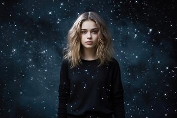 Sadness European Girl In Black Polo Shirt On Galaxy Stars Background