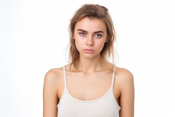 Fototapeta premium Sadness European Girl In Beige Tank Top On White Background