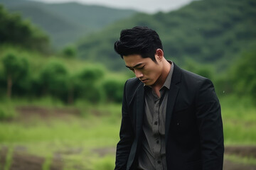 Sadness Asian Man In Black Blazer On Nature Landscape Background