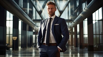 Businessman standing tall in a modern office setting, exuding confidence with crossed arms