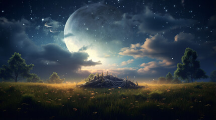 Fototapeta na wymiar Fantasy scene of a landscape with stars and moon lying