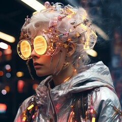 Futuristic cyberpunk female portrait. Fictional character. Generative AI technology.