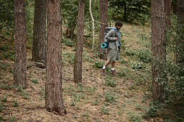 young curly indian hiker with backpack walking between trees in forest