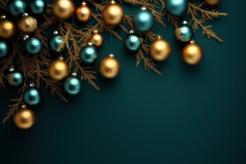 Fototapeta na wymiar New Year. a special Christmas installation of Christmas tree branches, stars and golden and azure balls. space for text. azure background