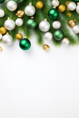 New Year. a special Christmas installation of Christmas tree branches, and colorful balls. space for text. white background