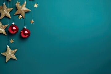 New Year. a special Christmas installation of Christmas tree branches, stars and red balls. space for text. azure background