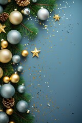 New Year. a special Christmas installation of Christmas tree branches, stars and golden balls. space for text. azure background