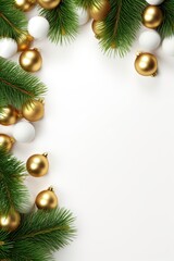 New Year. a special Christmas installation of Christmas tree branches and golden balls. space for text. white background
