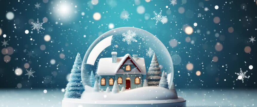 Anamorphic Video Glowing Crystal Ball on Snowfall Background. Beautiful 3d Cartoon Animation. Animated Greeting Card New Years Eve.