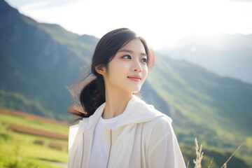 Obraz premium Surprise Asian Girl In White Coat On Mountain Scenery Background