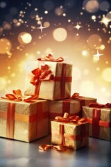Christmas gifts in a beautiful package. concept Boxing Day. background with holiday lights.