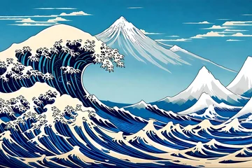 Deurstickers Fuji The great wave off kanagawa painting  vector illustration. Old Japanese artwork with big wave and mountain Fuji on the background.