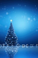 new year banner. Christmas tree decorated with glass balls with star on top on blue background with illumination. 3d illustration