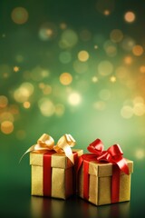 Christmas gifts in a beautiful package. concept Boxing Day. green background with holiday lights.