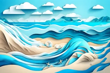 Foto auf Glas Abstract blue sea and beach summer background with paper waves and seacoast for banner, invitation, poster or web site design. Paper cut style, 3d effect imitation, space for text, vector illustration © CREAM 2.0