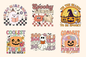 Set of vector Halloween 90's groovy t-shirt, vintage retro t-shirt design bundle. For t shirt prints, posters, and other uses.