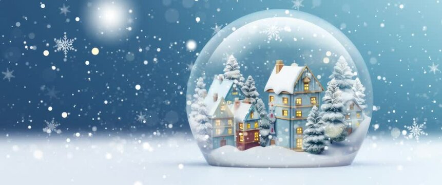 Anamorphic Video Glowing Crystal Ball on Snowfall Background. Beautiful 3d Cartoon Animation. Animated Greeting Card New Years Eve.