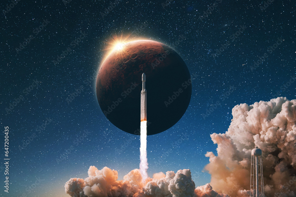 Poster space rocket with smoke and blast successfully takes off into the starry sky with the red planet mar