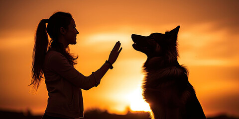 A silhouette of a young woman and her pet German Shepherd Mix Dog shaking hands at sunset. - obrazy, fototapety, plakaty