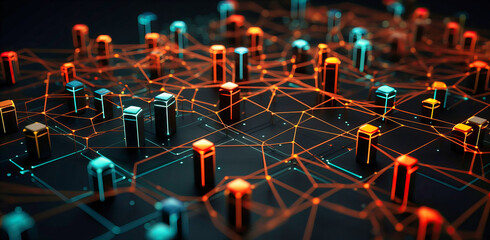 Data Network Comprising Blue Geometric Shapes, Set Against a Dark Background