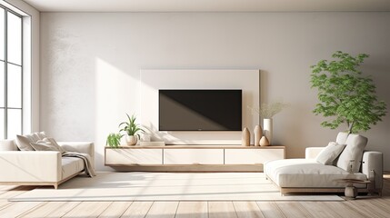 Modern minimalist living room with TV and beige sofa.