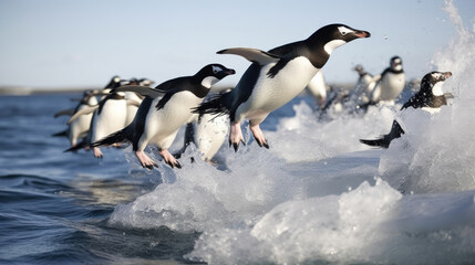Adelie Penguin, pygoscelis adeliae, Group Leaping into Ocean, Paulet Island in Antarctica