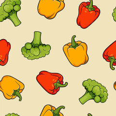 Seamless pattern of sweet bell peppers and broccoli. Hand drawn cartoon style paprika. Bright, juicy, summer, fresh vegetables. For menu, print, textile, wrapping paper design. Vector graphic.