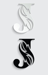 letter J. Black flower alphabet. Beautiful capital letters with shadow	