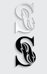 Naklejka premium letter S. Black flower alphabet. Beautiful capital letters with shadow 