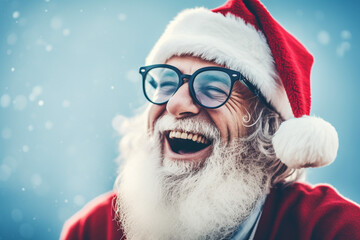 Portrait of laughing Santa Claus on blue background