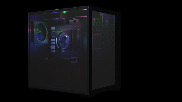 Unveiling the ultimate cooling solution , The 3D-Rendered black computer case with 4 spectacular Fans and RGB Lighting , This video features a transparent background.