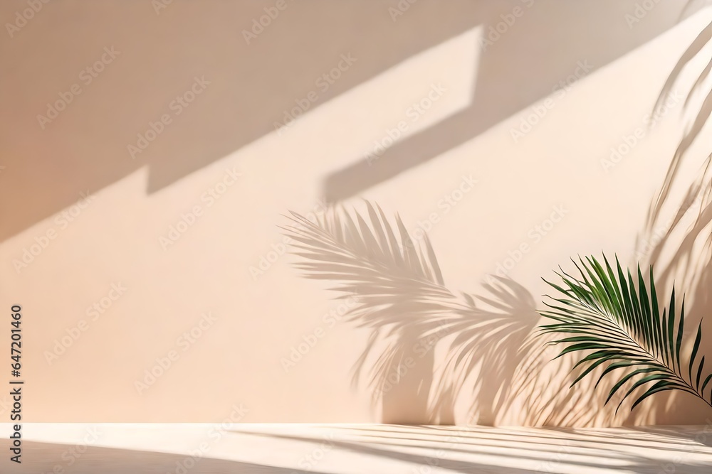 Poster minimal product placement background with palm shadow on plaster wall. luxury summer architecture in