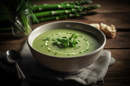 Creamy Delight High-Angle Shot of Asparagus Soup in a White Bowl, a Savory Elixir