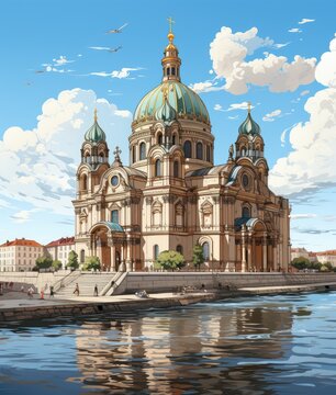 Saint Petersburg in cartoon style illustration, Russia. Can be used for Souvenirs production: cards, packaging, napkins, pillows, magnets, stickers, posters, etc.