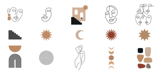 retro mid century modern clipart set, vector illustration, abstract minimalist design with geometric shapes, boho elements and line art  faces, simple woman portrait © Yana