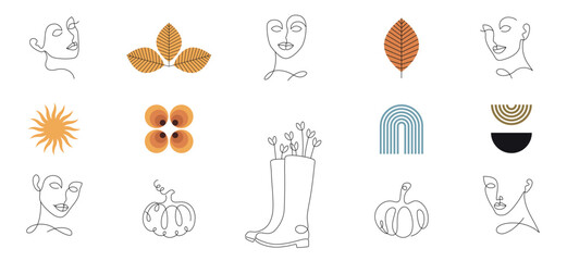 retro mid century modern autumn clipart set, fall vector illustration, abstract minimalist design with geometric shapes, leaves, pumpkin and line art elements and faces, simple woman portrait