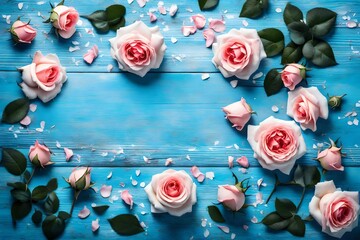 rose flowers over blue wooden table background. Backdrop with copy space