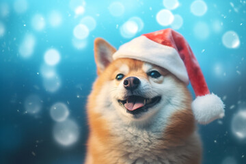Obraz na płótnie Canvas Christmas dog in red santa claus hat with blue snow background, Generative ai